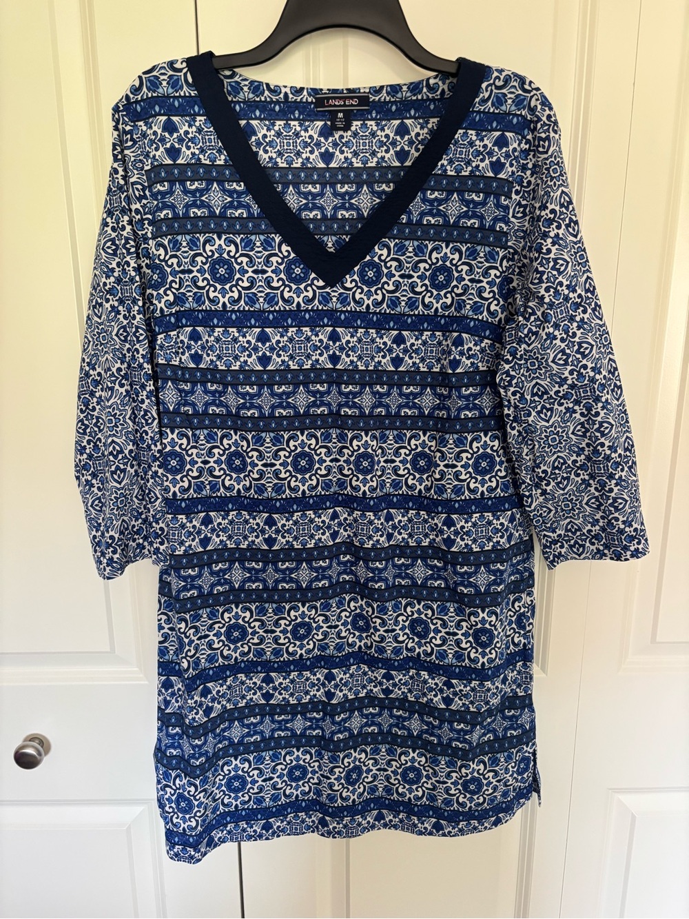 Lands' End Deep Sea Mixed Majolica Blue Boho Tunic Top Dress Cover Up medium.